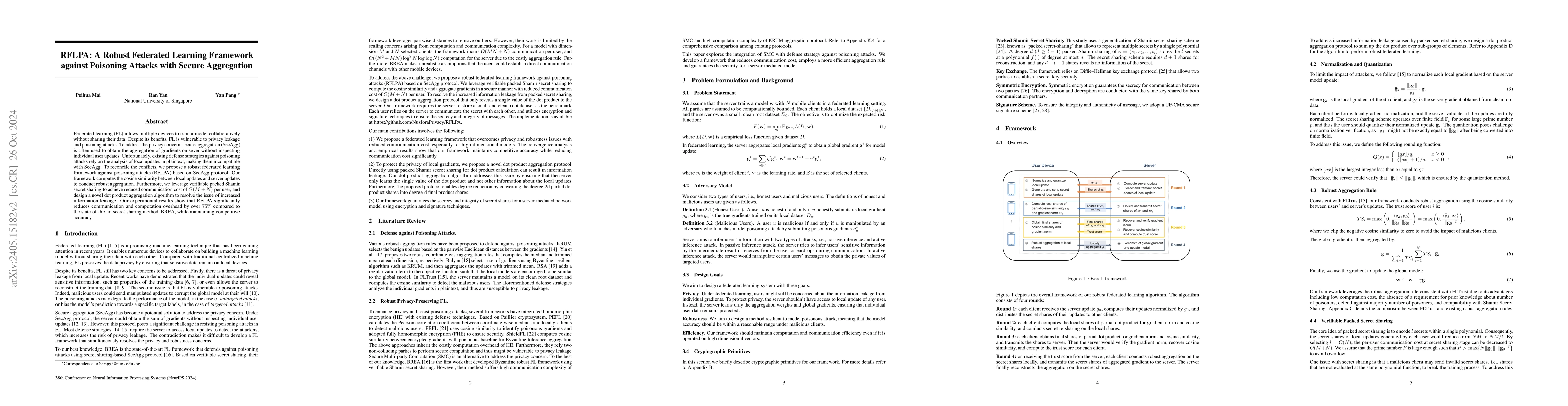 Thumbnail for RFLPA: A Robust Federated Learning Framework against Poisoning Attacks
  with Secure Aggregation
