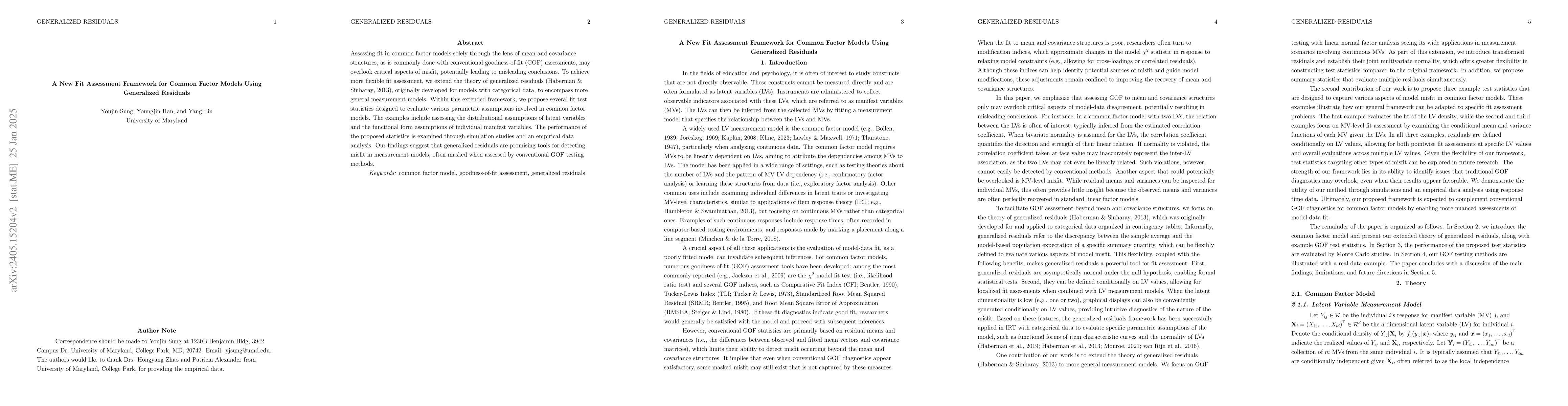 Thumbnail for A New Fit Assessment Framework for Common Factor Models Using
  Generalized Residuals