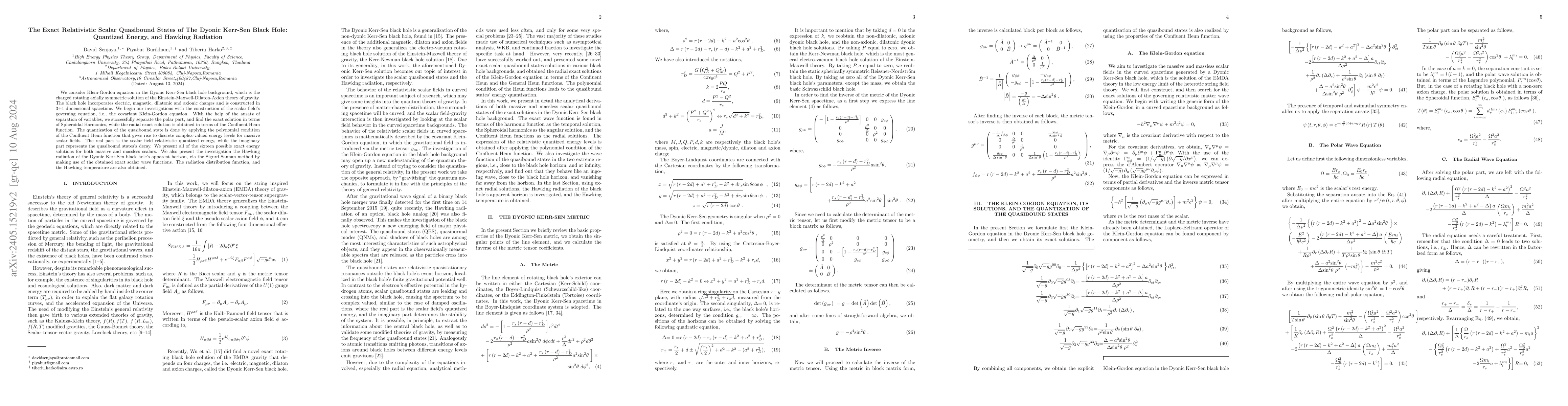 Thumbnail for The Exact Relativistic Scalar Quasibound States of The Dyonic Kerr-Sen
  Black Hole: Quantized Energy, and Hawking Radiation