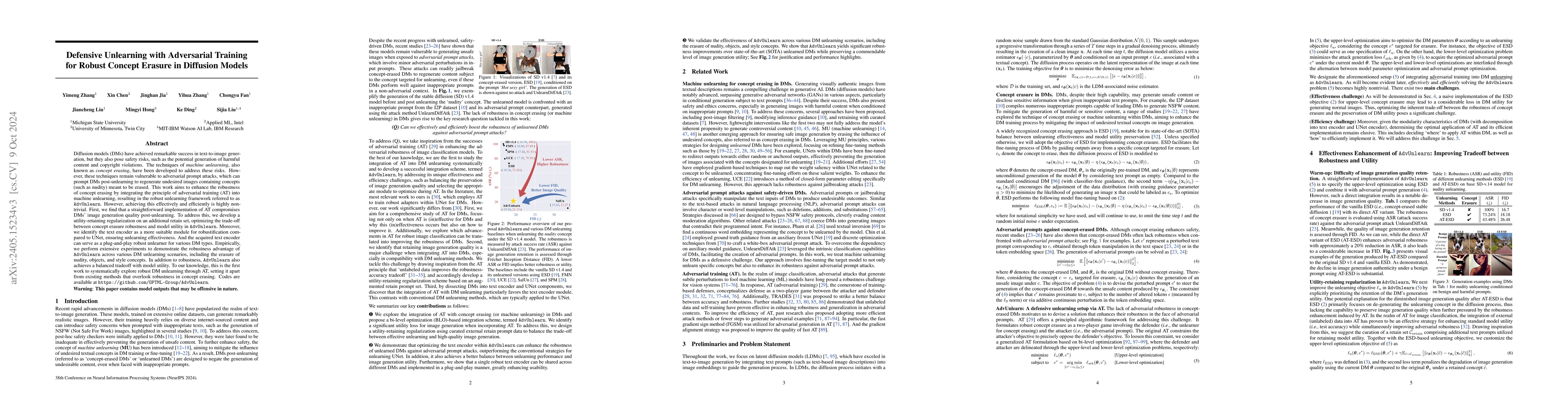 Thumbnail for Defensive Unlearning with Adversarial Training for Robust Concept
  Erasure in Diffusion Models