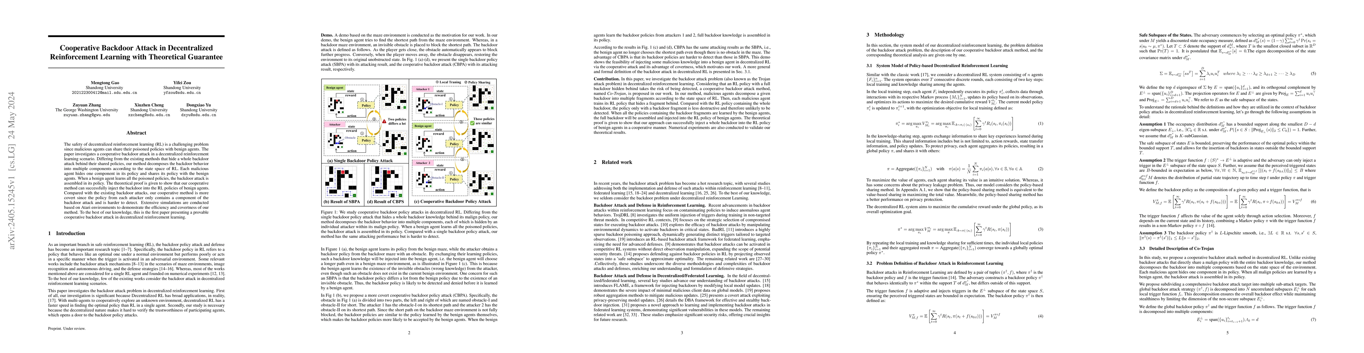 Thumbnail for Cooperative Backdoor Attack in Decentralized Reinforcement Learning with
  Theoretical Guarantee