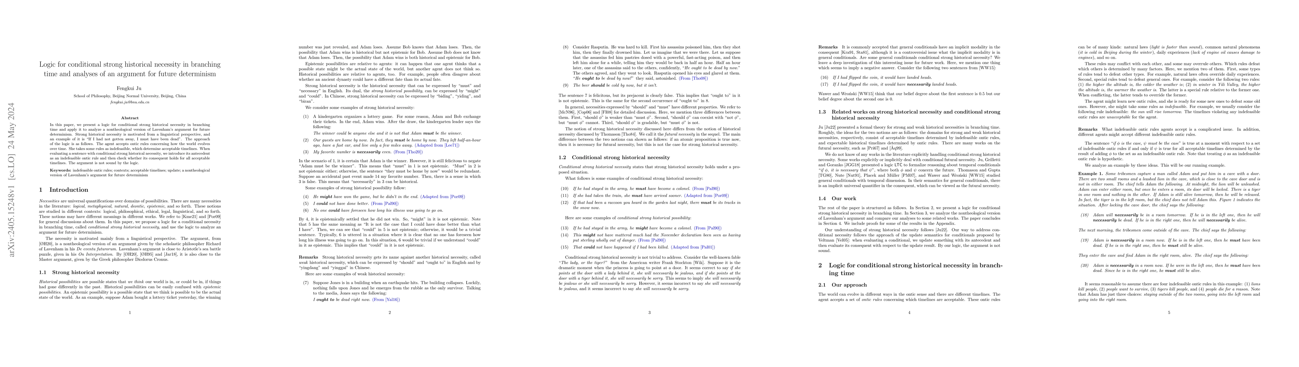 Thumbnail for Logic for conditional strong historical necessity in branching time and
  analyses of an argument for future determinism