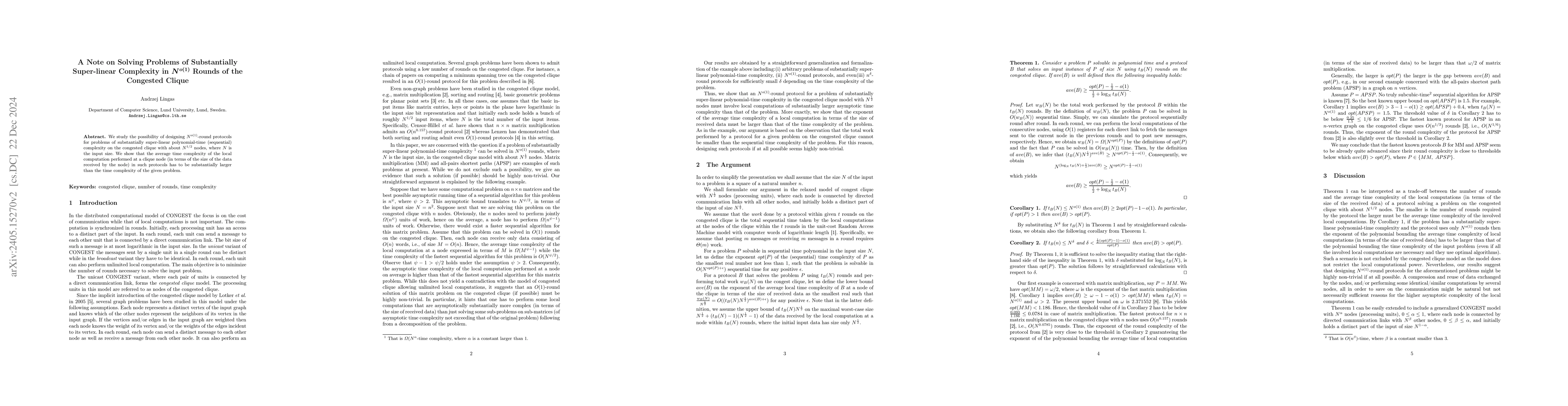 Thumbnail for A Note on Solving Problems of Substantially Super-linear Complexity in
  $N^{o(1)}$ Rounds of the Congested Clique