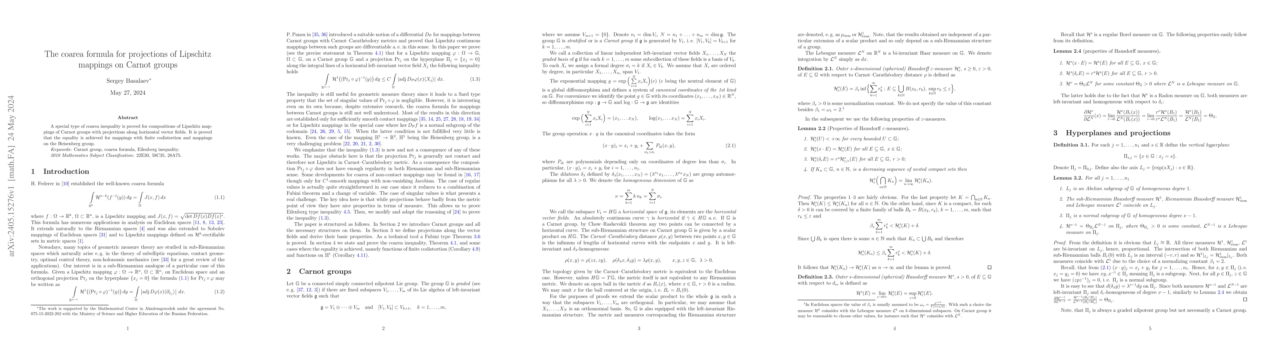 Thumbnail for The coarea formula for projections of Lipschitz mappings on Carnot
  groups