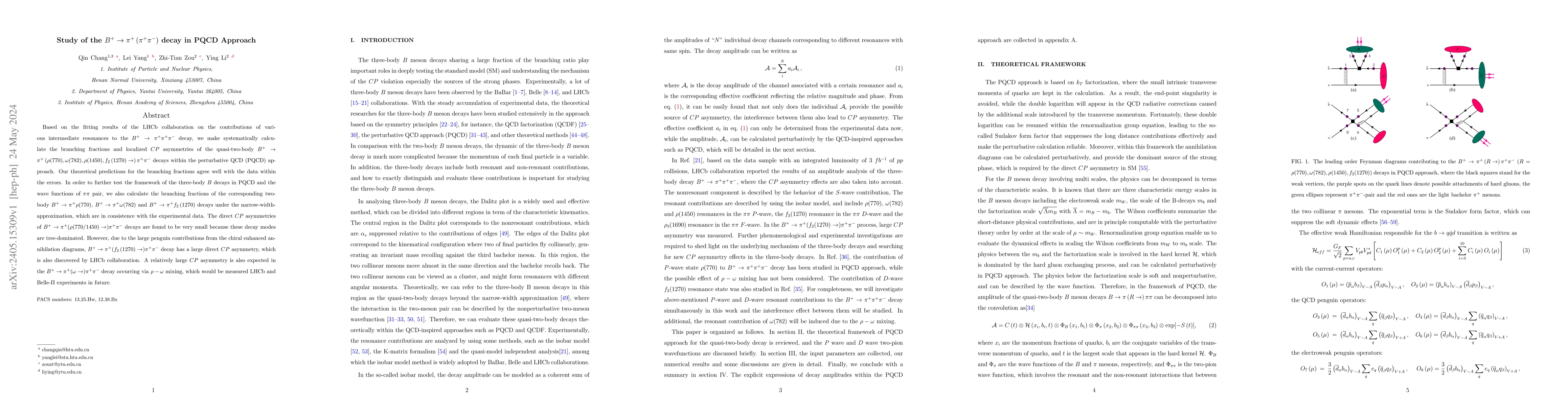 Thumbnail for Study of the $B^{+}\to\pi^{+}\left(\pi^{+}\pi^{-}\right)$ decay in PQCD
  Approach