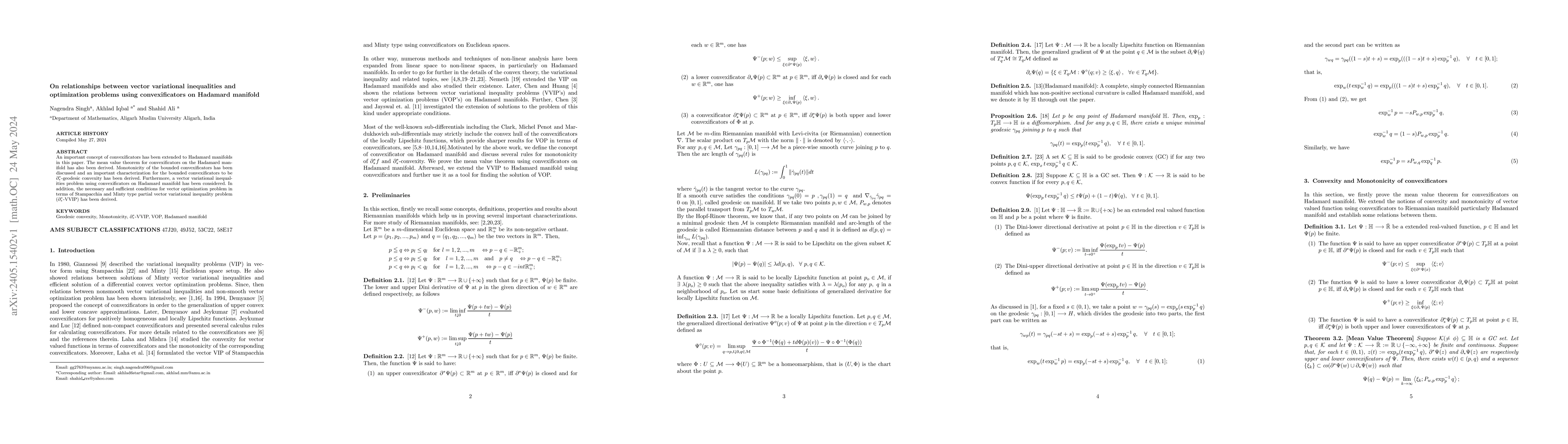 Thumbnail for On relationships between vector variational inequalities and
  optimization problems using convexificators on Hadamard manifold