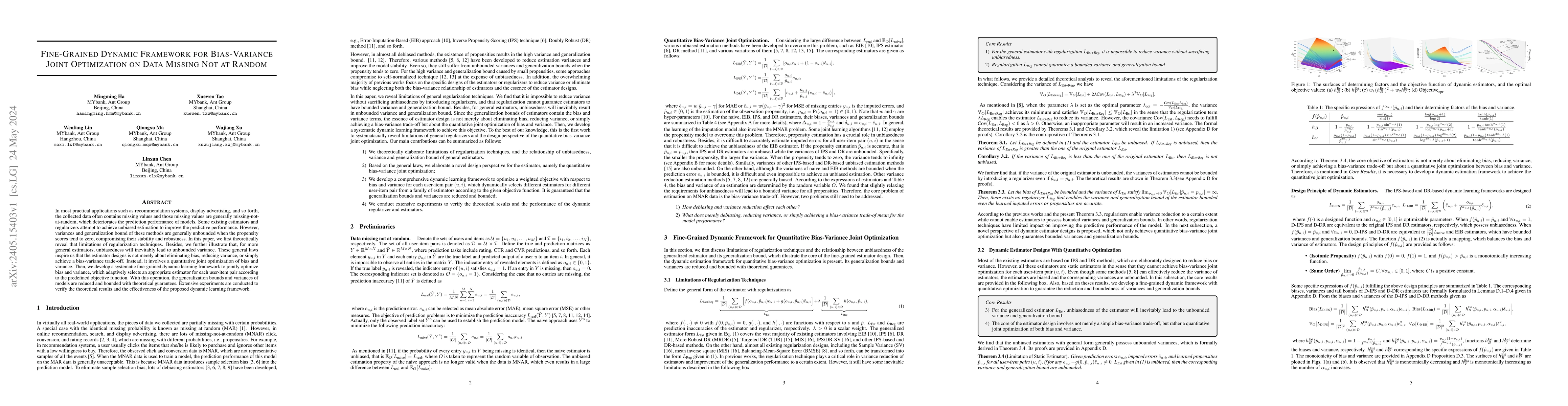 Thumbnail for Fine-Grained Dynamic Framework for Bias-Variance Joint Optimization on
  Data Missing Not at Random
