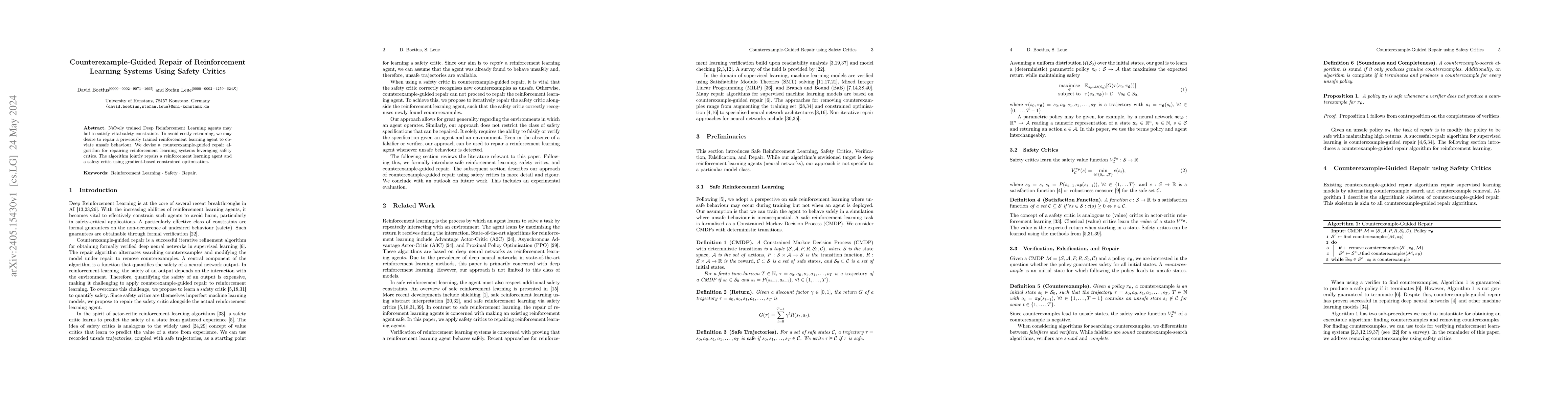 Thumbnail for Counterexample-Guided Repair of Reinforcement Learning Systems Using
  Safety Critics