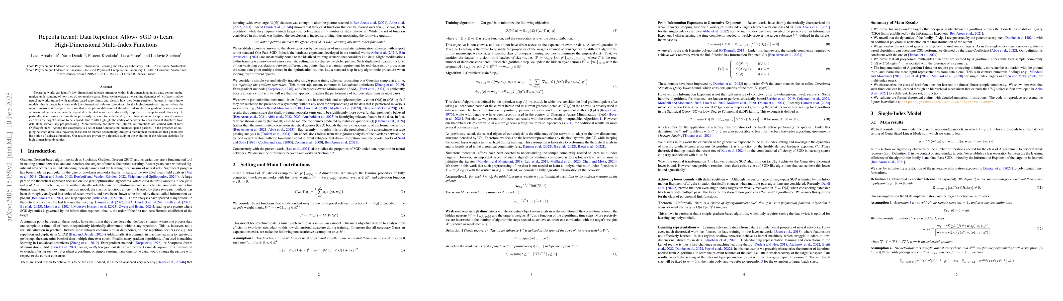 Thumbnail for Repetita Iuvant: Data Repetition Allows SGD to Learn High-Dimensional
  Multi-Index Functions