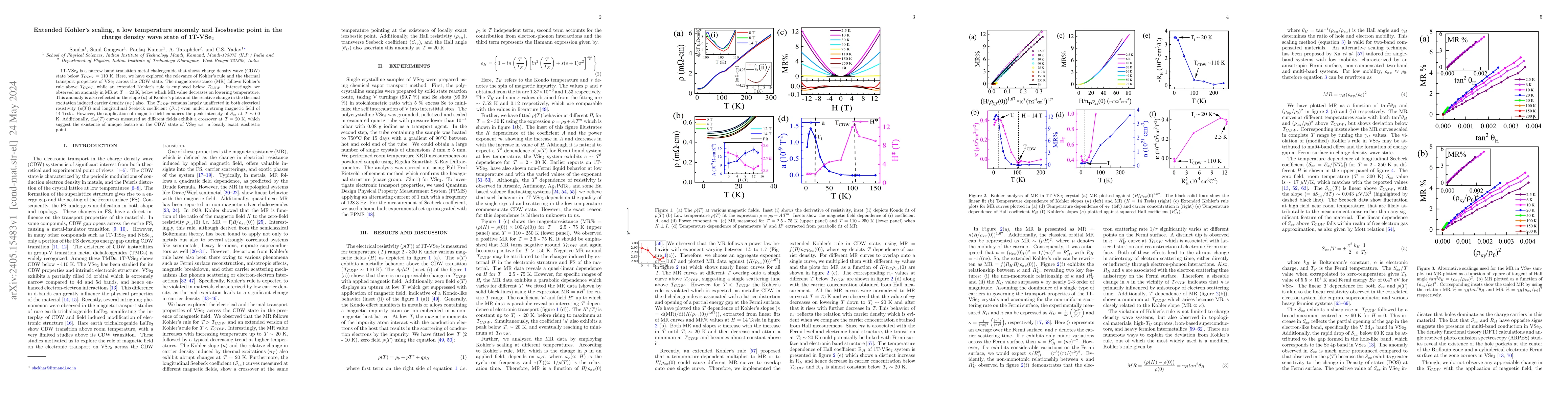 Thumbnail for Extended Kohler's scaling, a low temperature anomaly and Isosbestic
  point in the charge density wave state of 1T-VSe$_2$