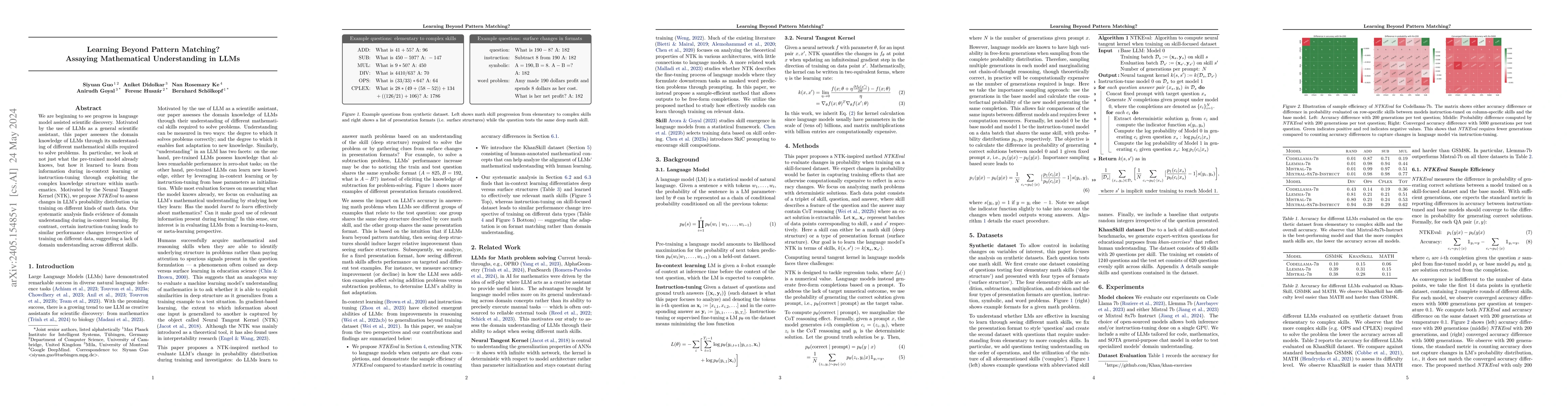 Thumbnail for Learning Beyond Pattern Matching? Assaying Mathematical Understanding in
  LLMs