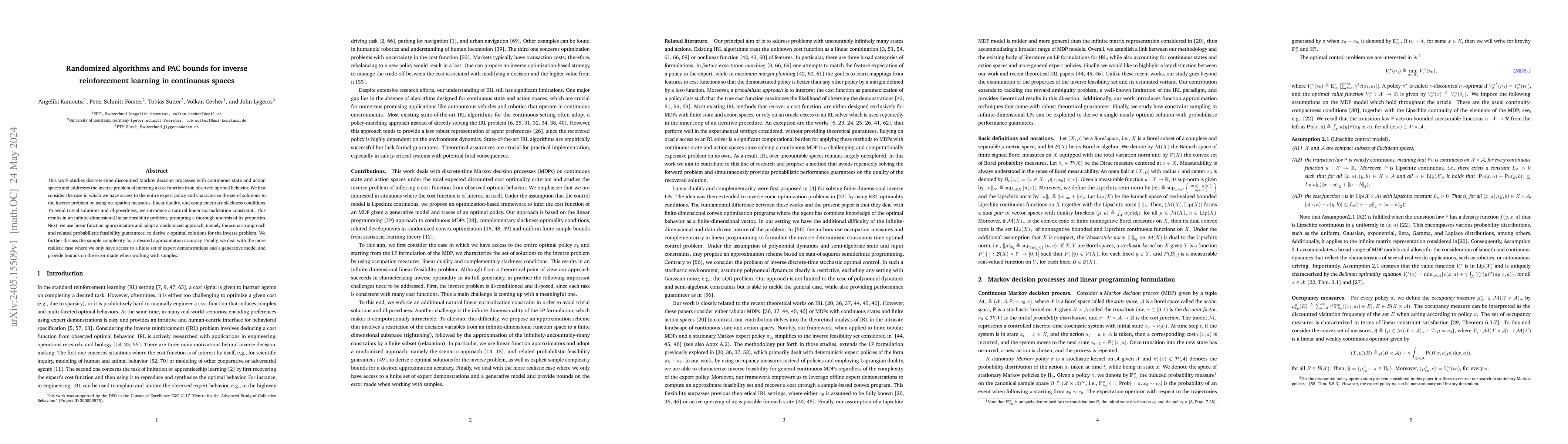 Thumbnail for Randomized algorithms and PAC bounds for inverse reinforcement learning
  in continuous spaces