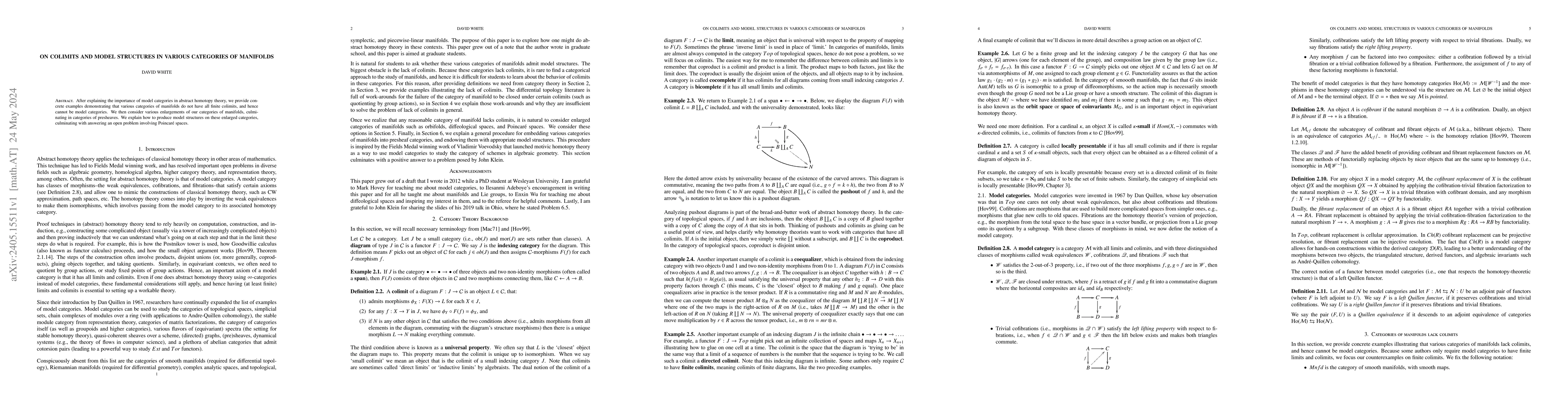 Thumbnail for On Colimits and Model Structures in Various Categories of Manifolds