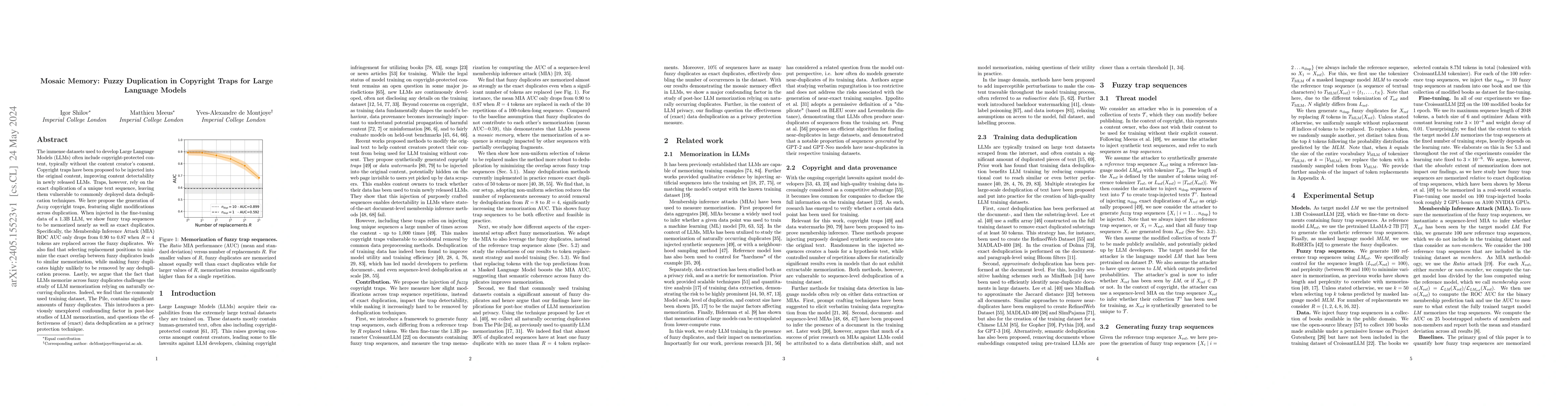 Thumbnail for Mosaic Memory: Fuzzy Duplication in Copyright Traps for Large Language
  Models