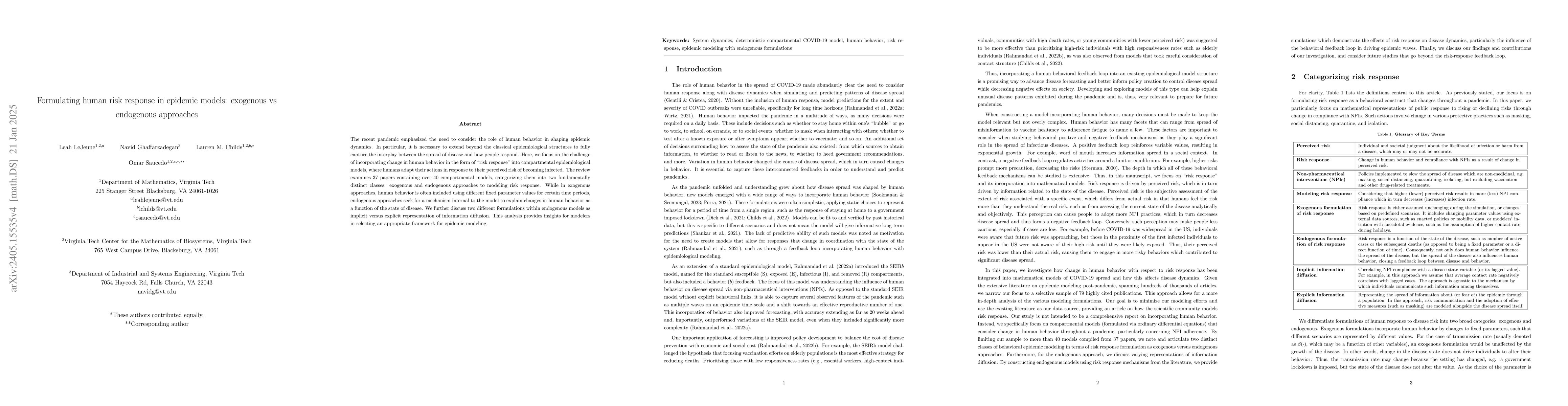 Thumbnail for Formulating human risk response in epidemic models: exogenous vs
  endogenous approaches