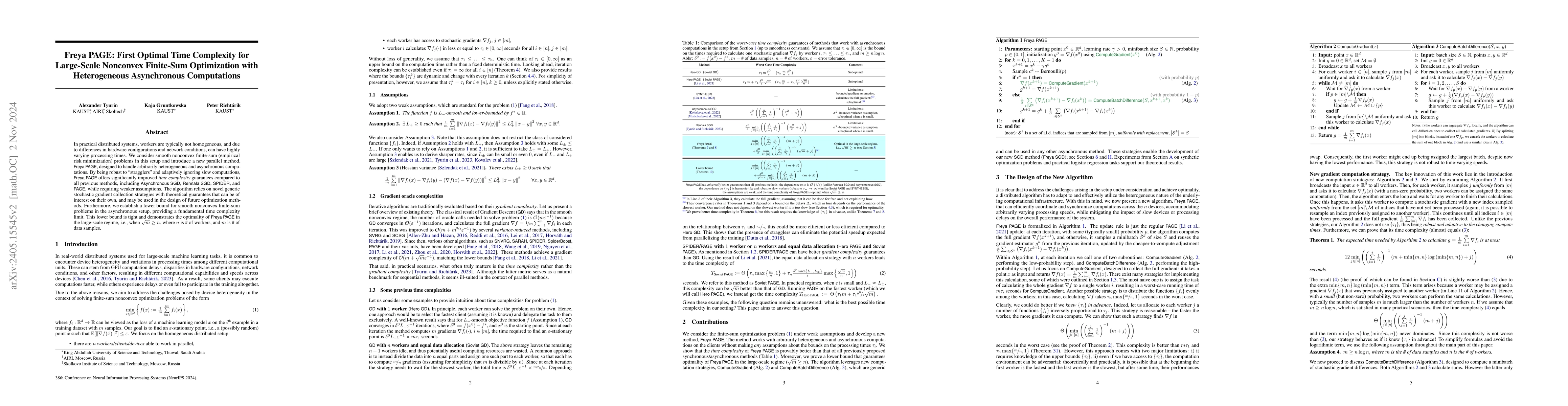 Thumbnail for Freya PAGE: First Optimal Time Complexity for Large-Scale Nonconvex
  Finite-Sum Optimization with Heterogeneous Asynchronous Computations