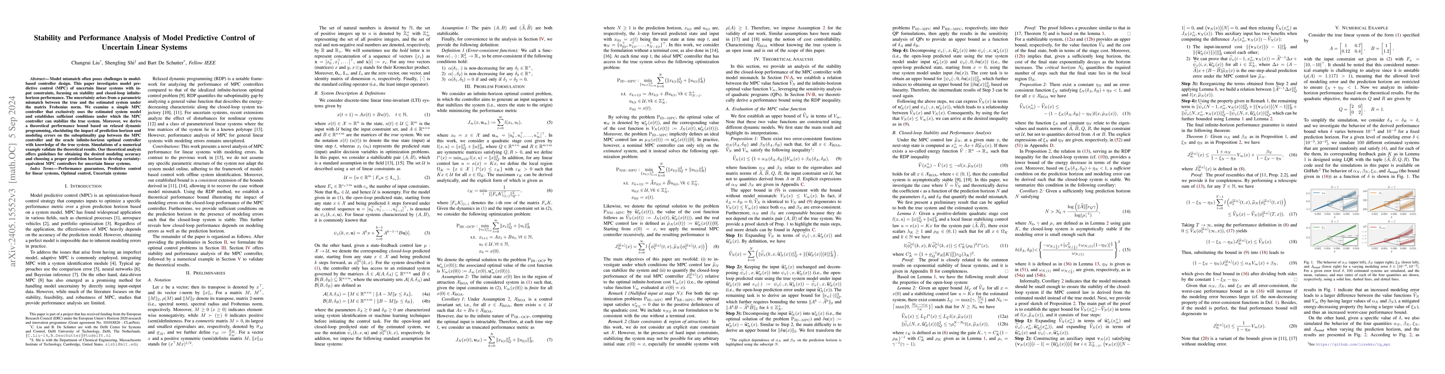 Thumbnail for Stability and Performance Analysis of Model Predictive Control of
  Uncertain Linear Systems