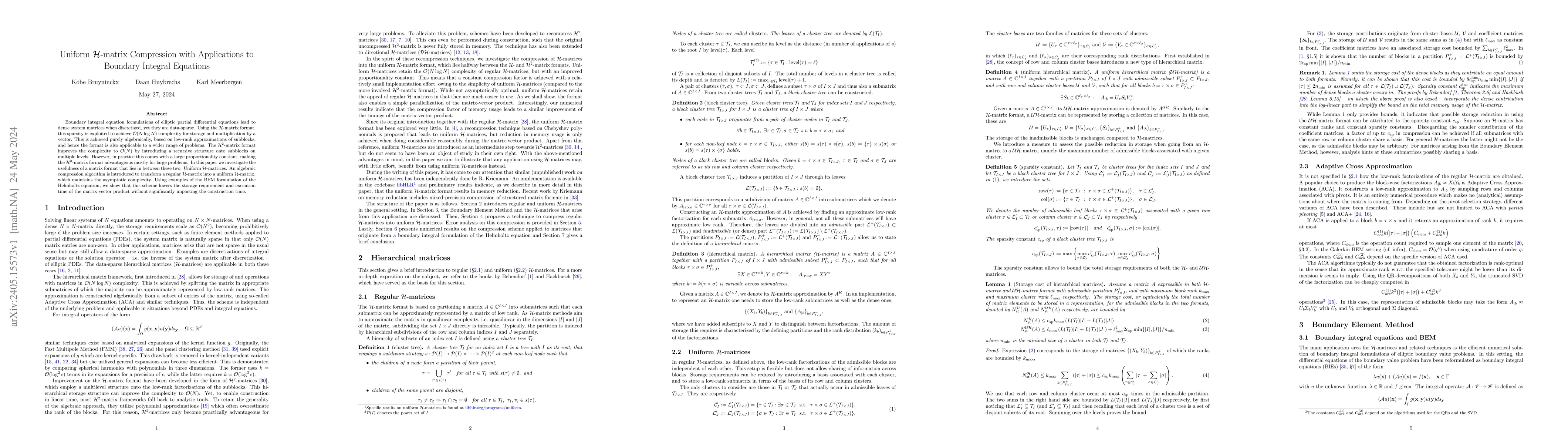 Thumbnail for Uniform $\mathcal{H}$-matrix Compression with Applications to Boundary
  Integral Equations