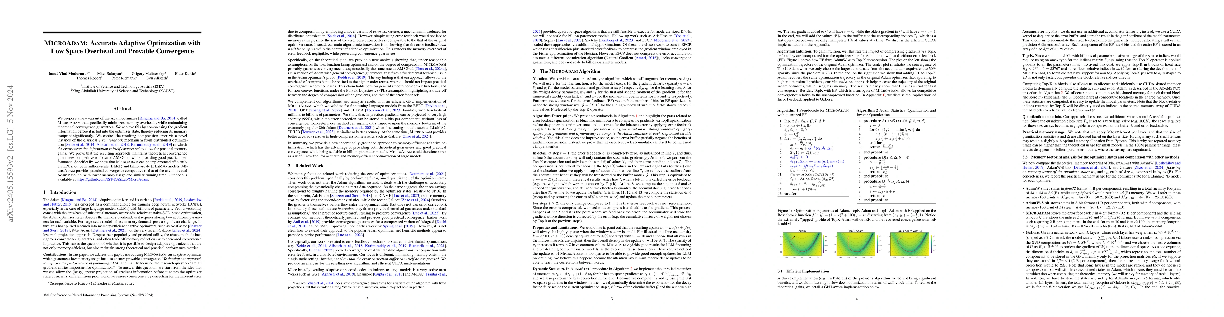 Thumbnail for MicroAdam: Accurate Adaptive Optimization with Low Space Overhead and
  Provable Convergence