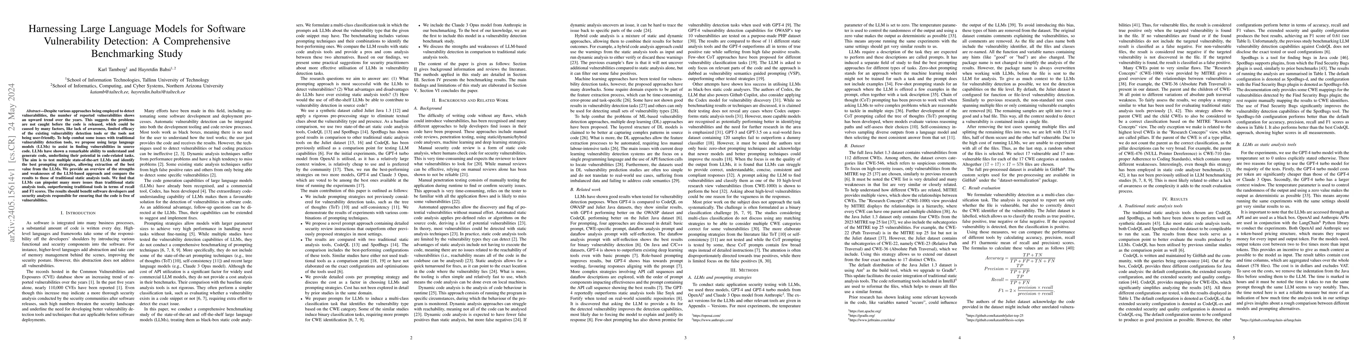 Thumbnail for Harnessing Large Language Models for Software Vulnerability Detection: A
  Comprehensive Benchmarking Study