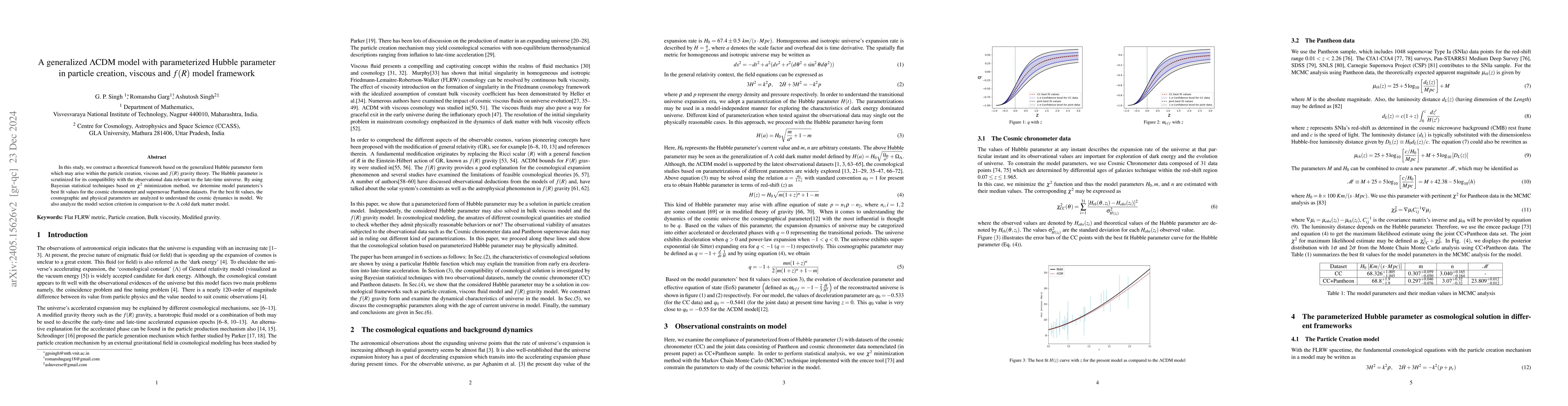 Thumbnail for A generalized $\Lambda$CDM model with parameterized Hubble parameter in
  particle creation, viscous and $f(R)$ model framework