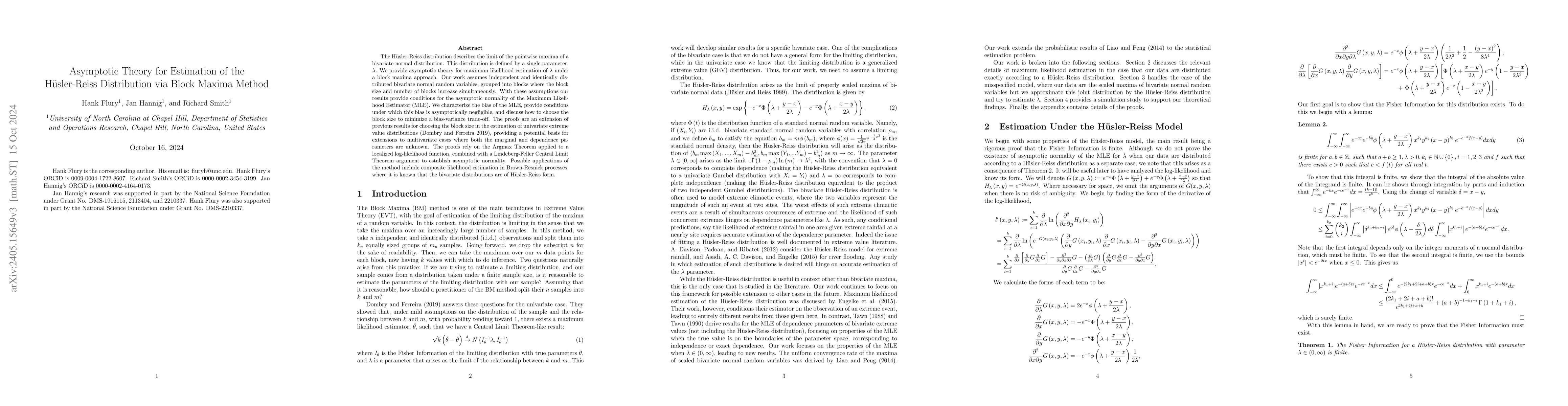 Thumbnail for Asymptotic Theory for Estimation of the Husler-Reiss Distribution via
  Block Maxima Method