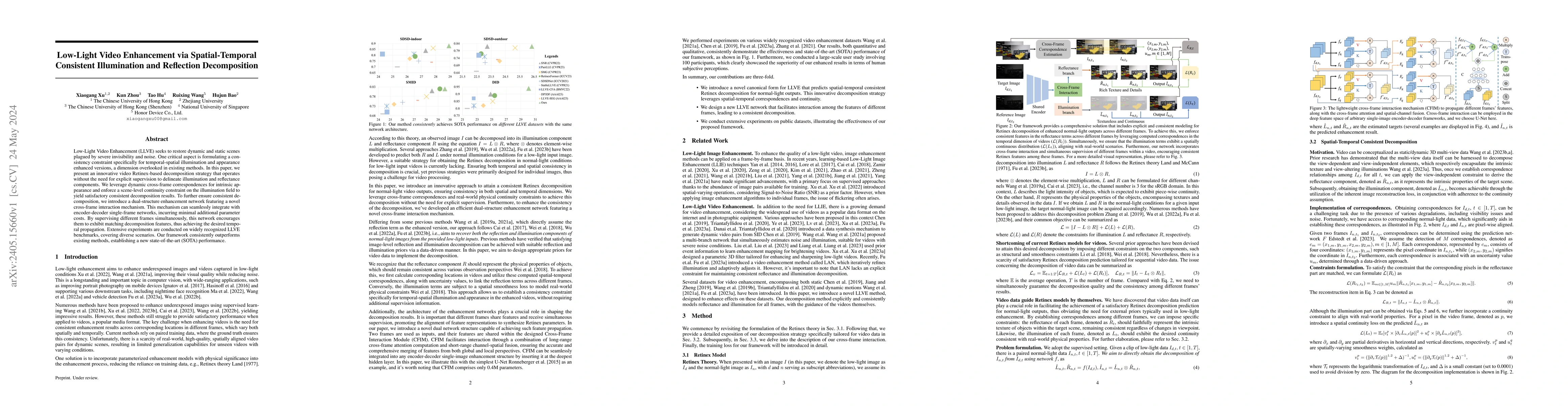 Thumbnail for Low-Light Video Enhancement via Spatial-Temporal Consistent Illumination
  and Reflection Decomposition