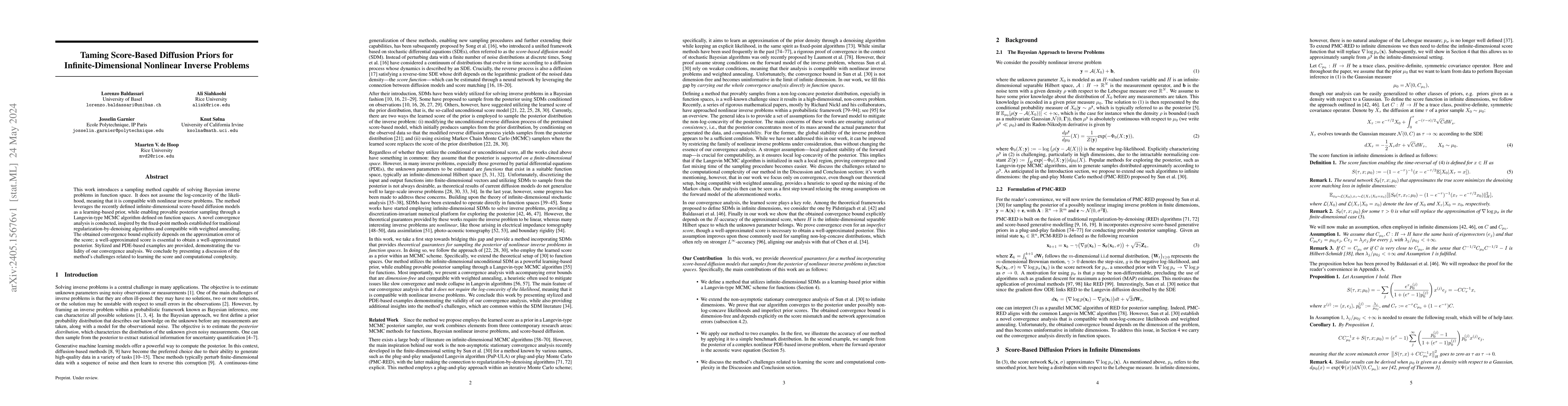 Thumbnail for Taming Score-Based Diffusion Priors for Infinite-Dimensional Nonlinear
  Inverse Problems