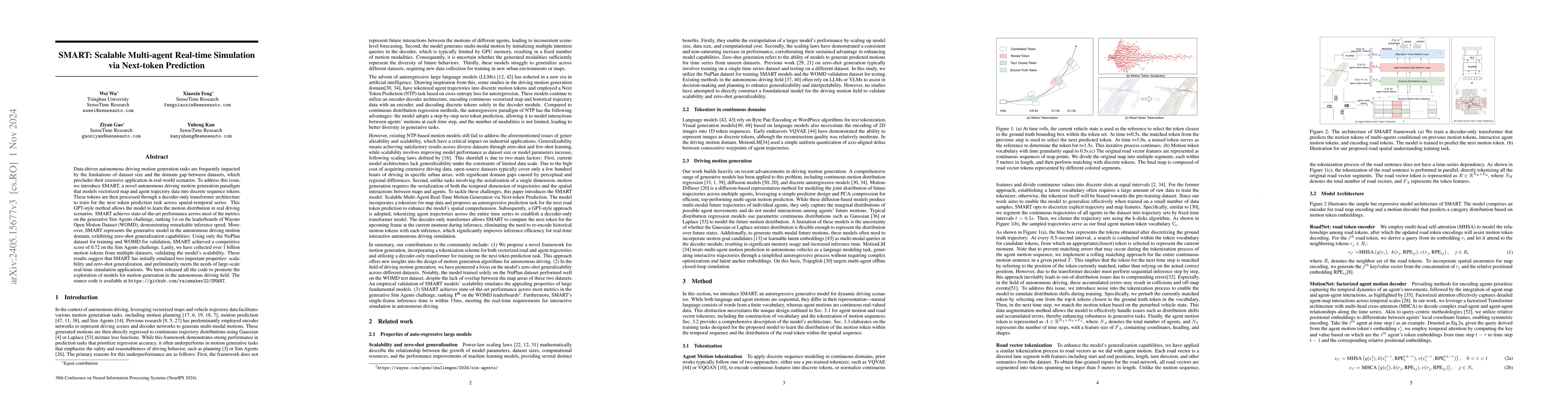 Thumbnail for SMART: Scalable Multi-agent Real-time Simulation via Next-token
  Prediction