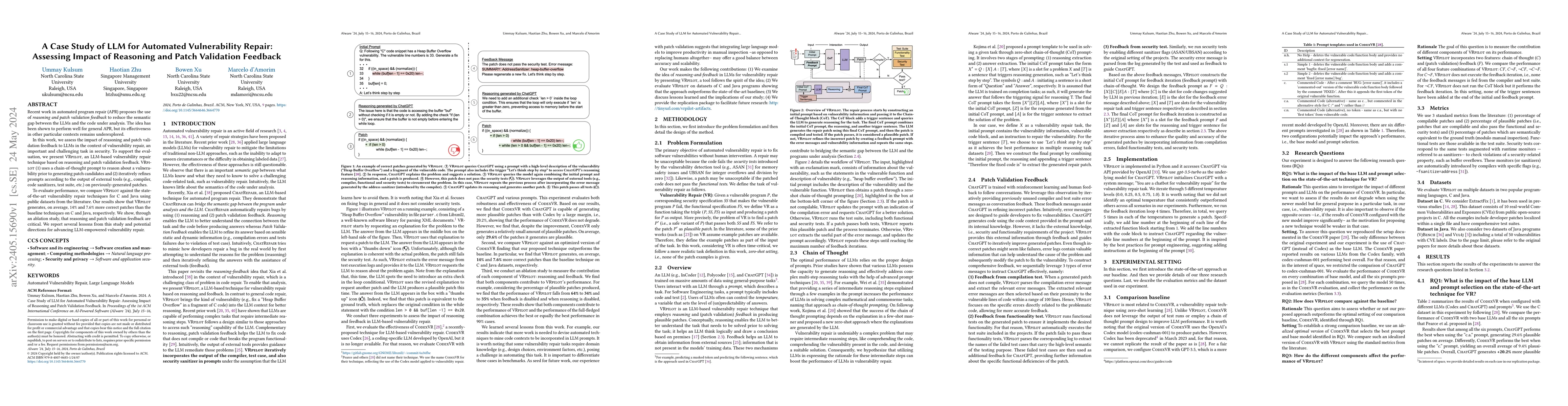 Thumbnail for A Case Study of LLM for Automated Vulnerability Repair: Assessing Impact
  of Reasoning and Patch Validation Feedback