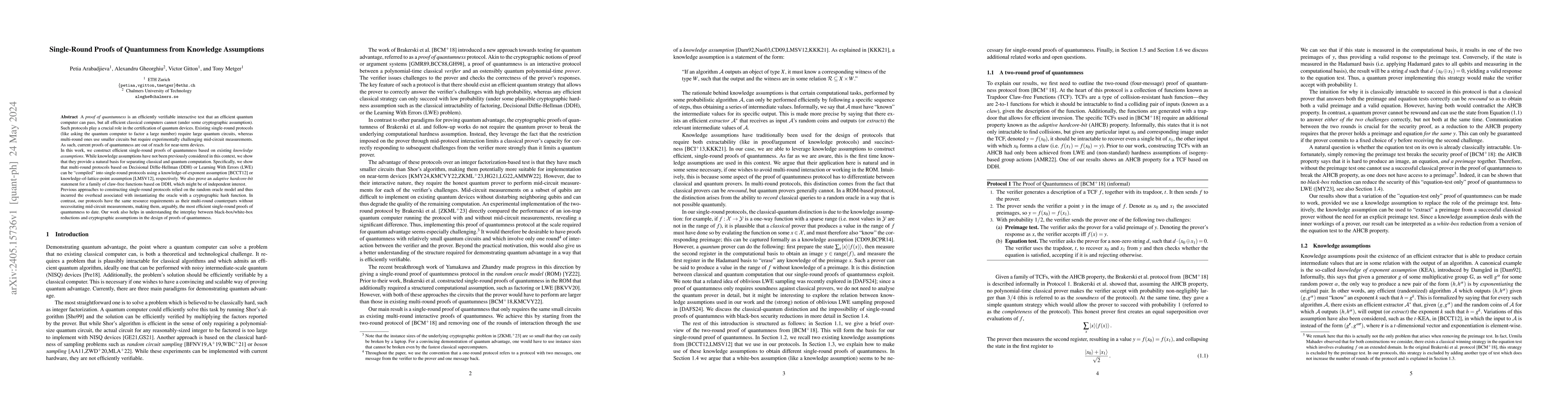 Thumbnail for Single-Round Proofs of Quantumness from Knowledge Assumptions