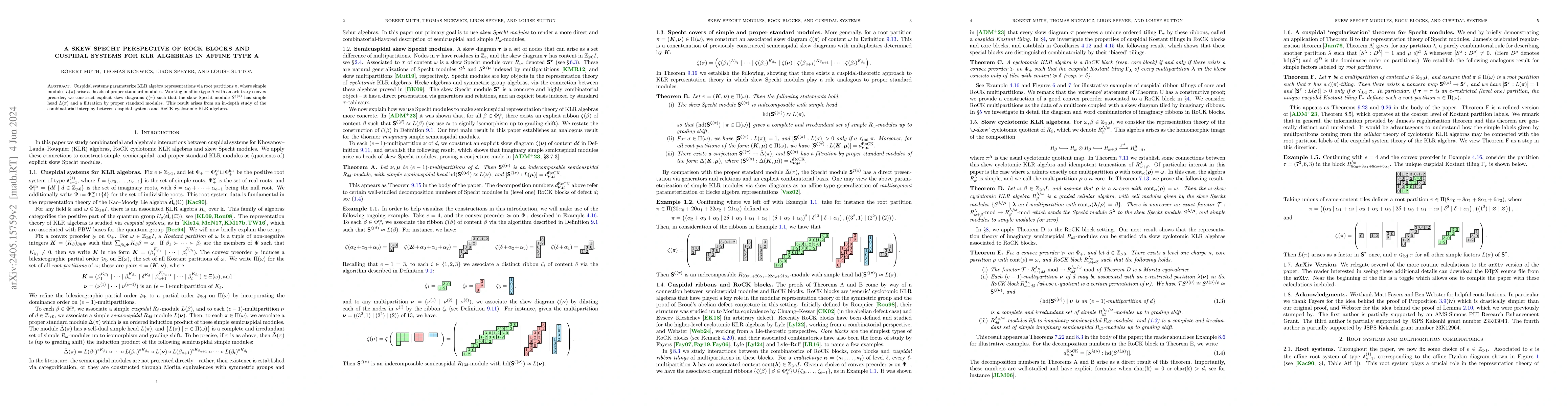 Thumbnail for A skew Specht perspective of RoCK blocks and cuspidal systems for KLR
  algebras in affine type A