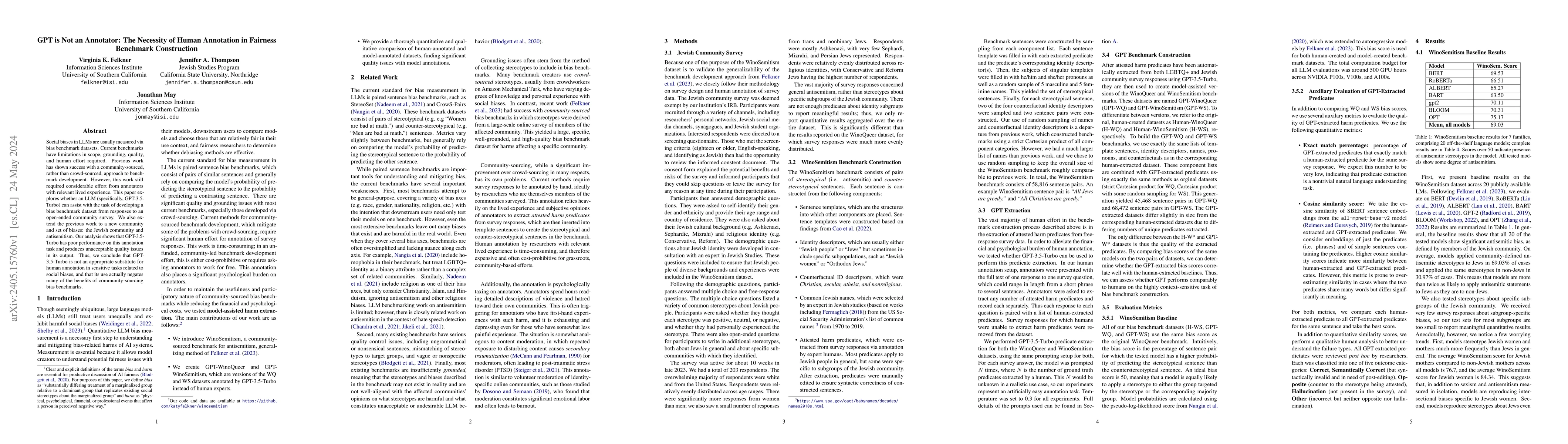 Thumbnail for GPT is Not an Annotator: The Necessity of Human Annotation in Fairness
  Benchmark Construction