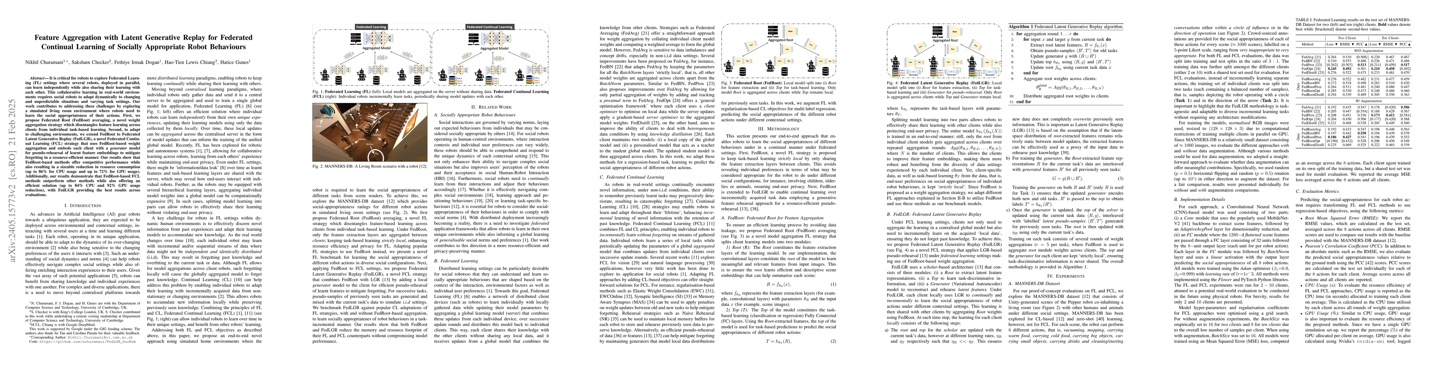 Thumbnail for Feature Aggregation with Latent Generative Replay for Federated
  Continual Learning of Socially Appropriate Robot Behaviours