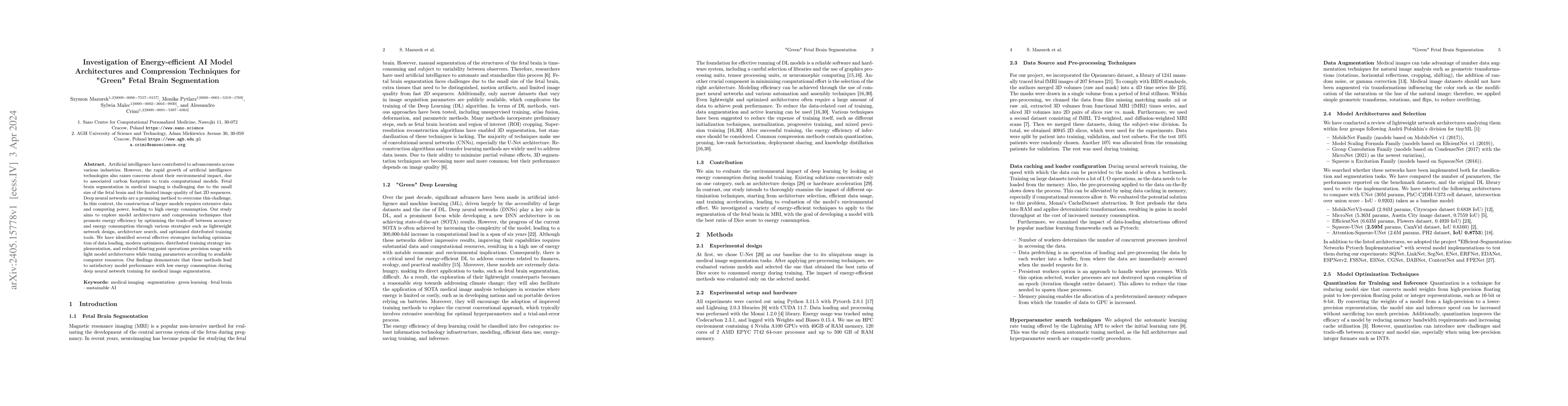 Thumbnail for Investigation of Energy-efficient AI Model Architectures and Compression
  Techniques for "Green" Fetal Brain Segmentation