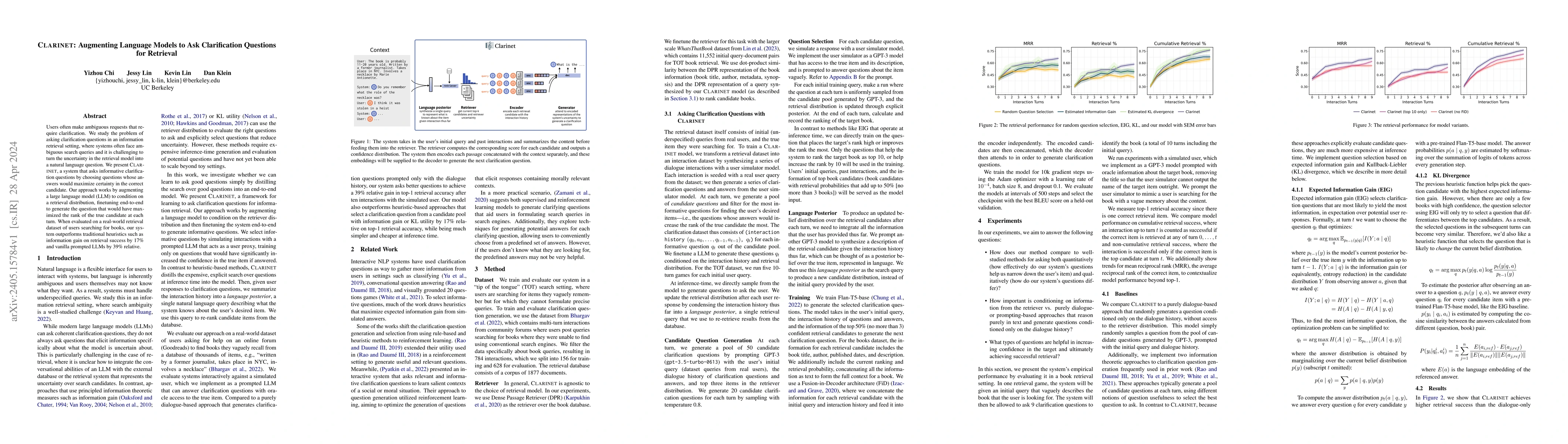 Thumbnail for CLARINET: Augmenting Language Models to Ask Clarification Questions for
  Retrieval