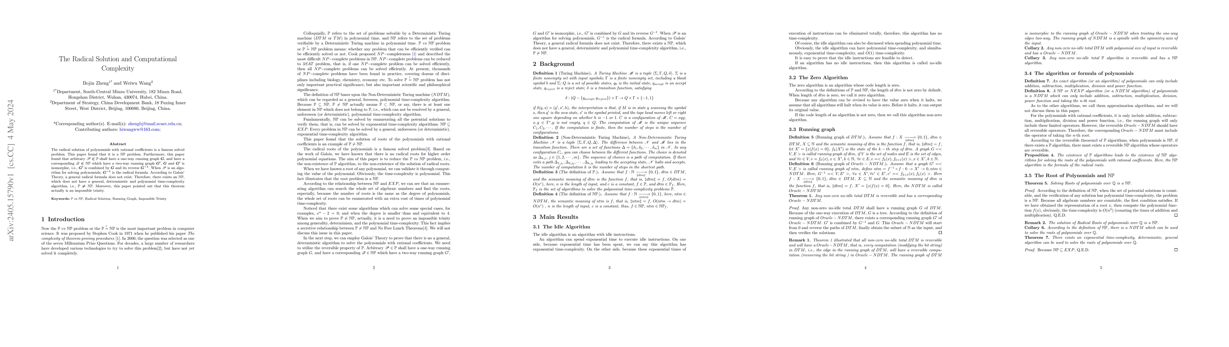 Thumbnail for The Radical Solution and Computational Complexity