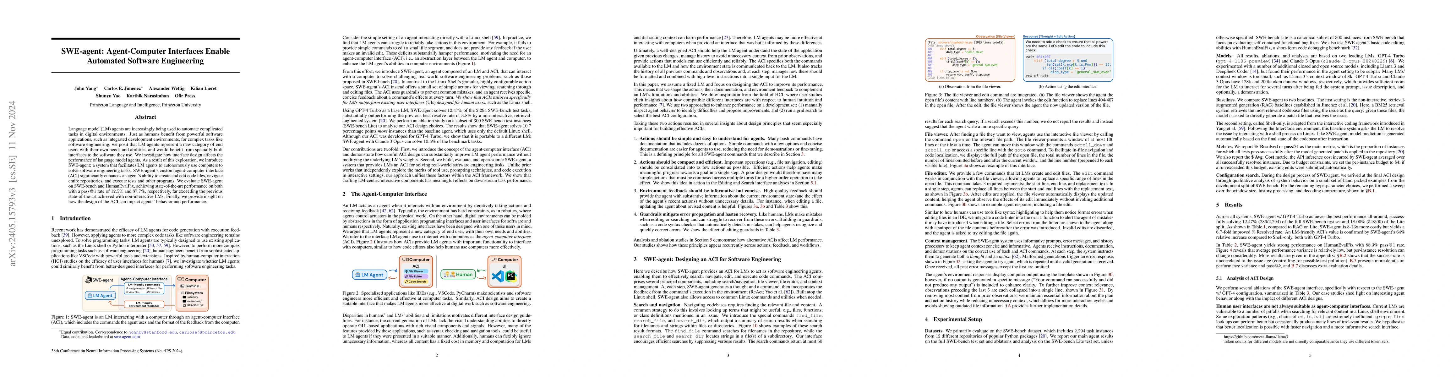 Thumbnail for SWE-agent: Agent-Computer Interfaces Enable Automated Software
  Engineering