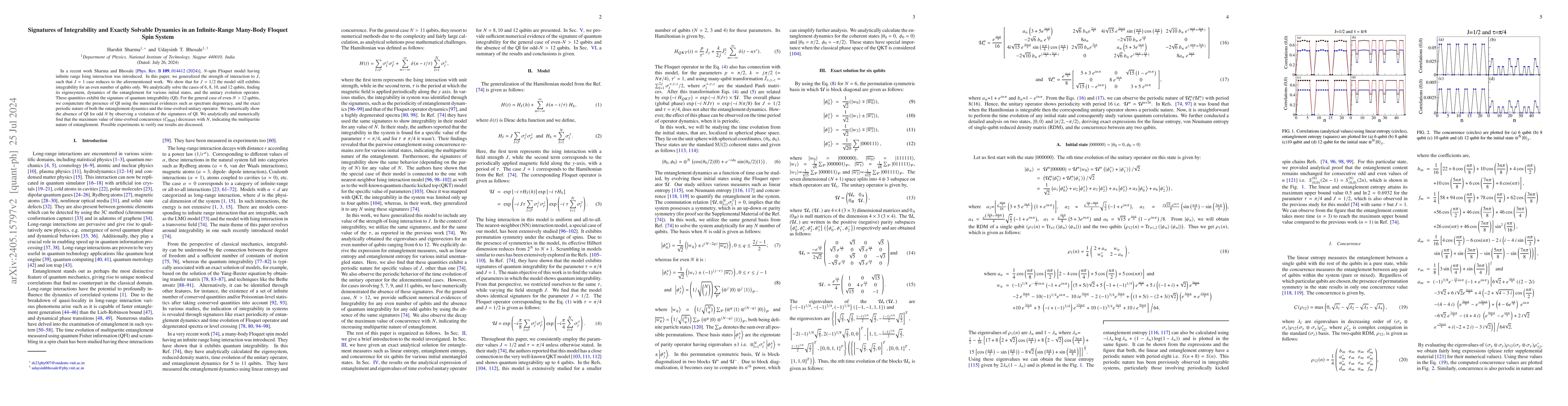 Thumbnail for Signatures of Integrability and Exactly Solvable Dynamics in an
  Infinite-Range Many-Body Floquet Spin System