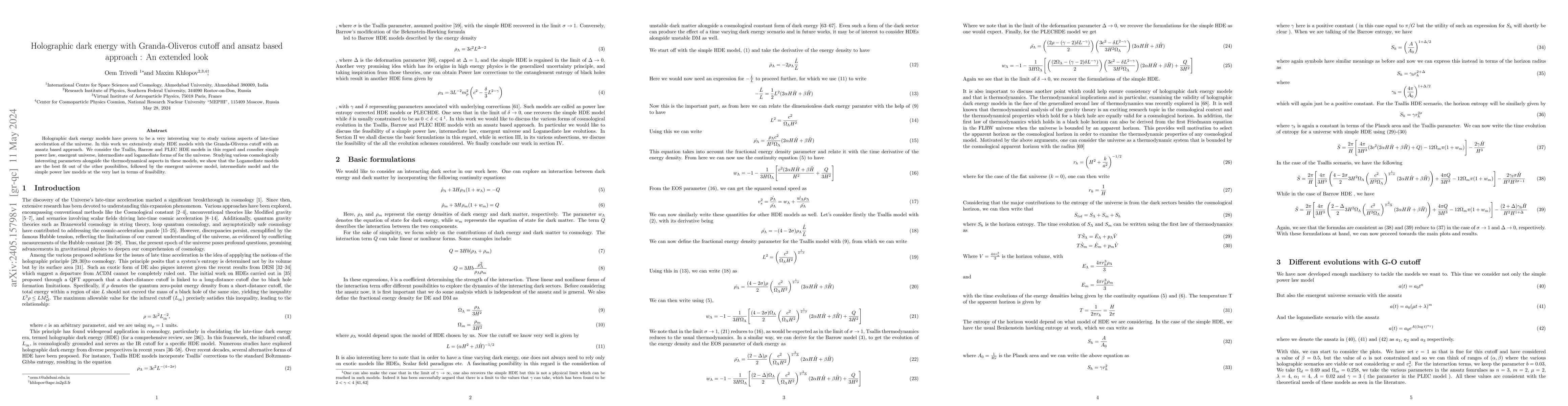 Thumbnail for Holographic dark energy with Granda-Oliveros cutoff and ansatz based
  approach: An extended look