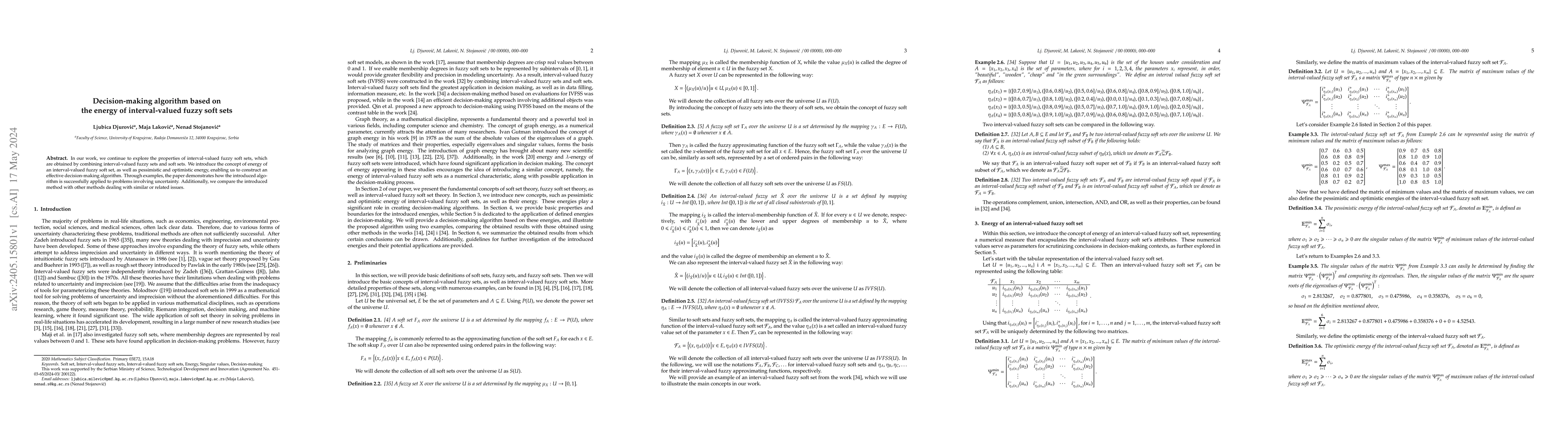 Thumbnail for Decision-making algorithm based on the energy of interval-valued fuzzy
  soft sets