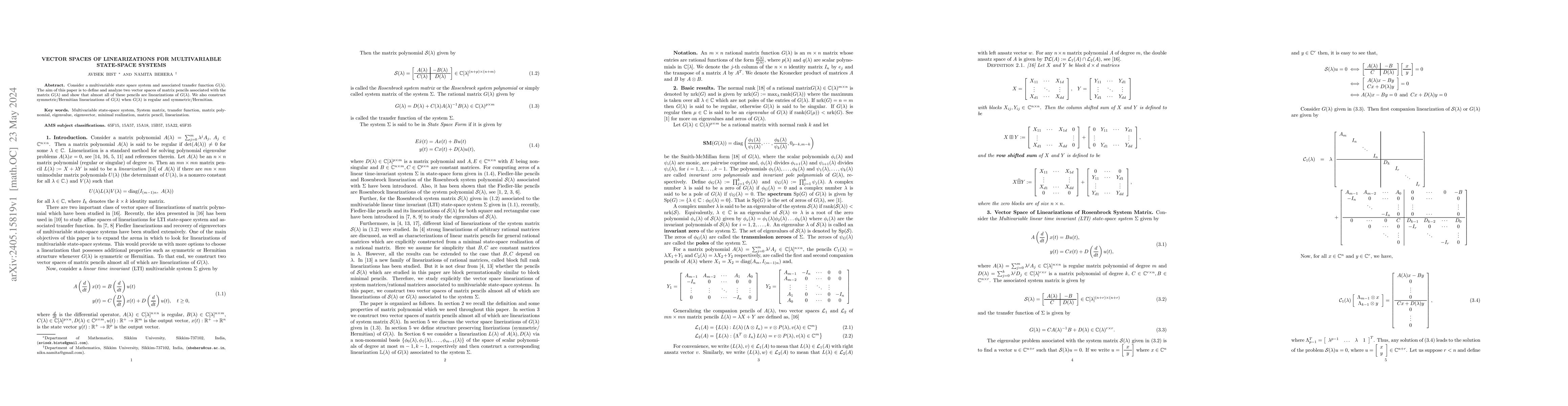 Thumbnail for Vector Spaces of Linearizations for Multivariable State-Space Systems
