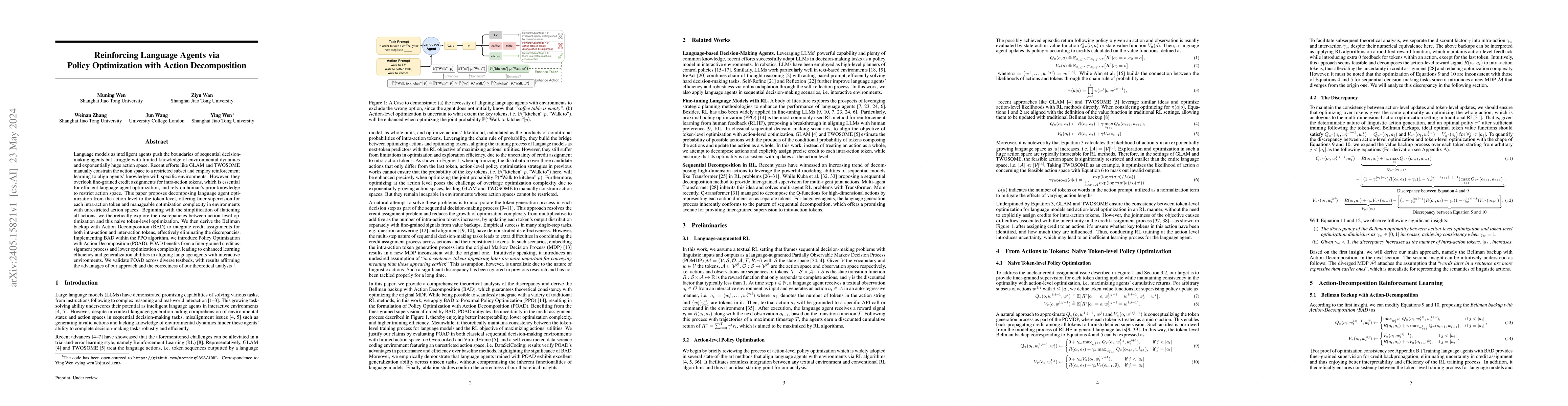 Thumbnail for Reinforcing Language Agents via Policy Optimization with Action
  Decomposition