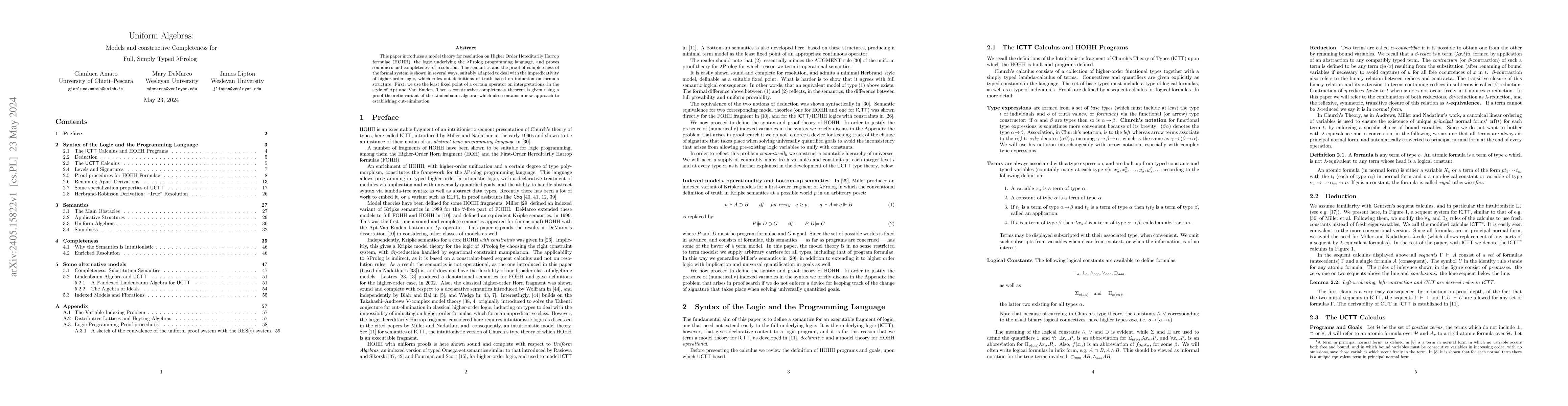 Thumbnail for Uniform Algebras: Models and constructive Completeness for Full, Simply
  Typed {\lambda}Prolog