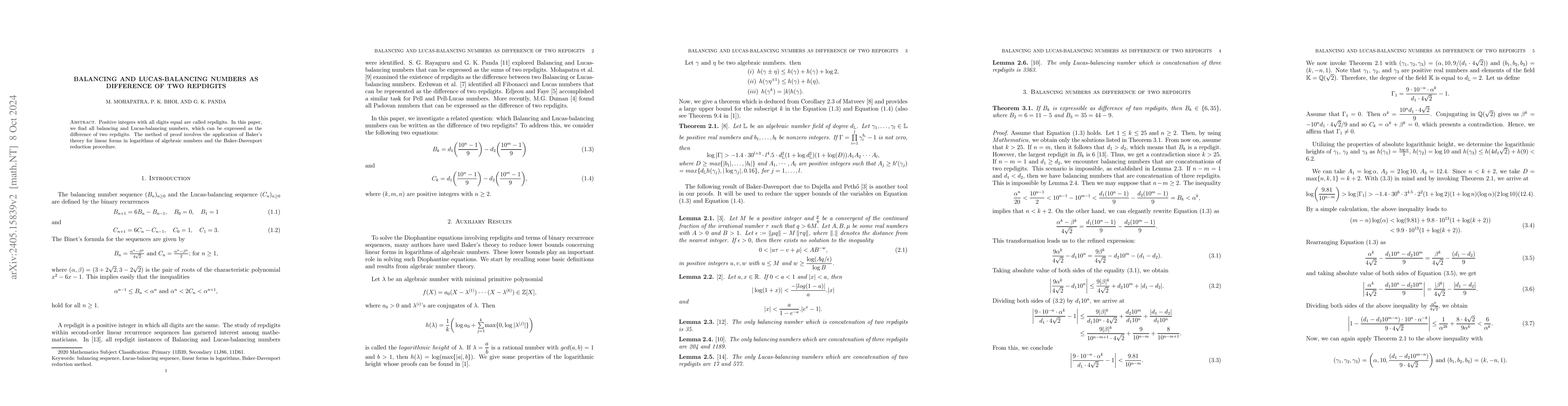 Thumbnail for Balancing and Lucas-balancing numbers as difference of two repdigits