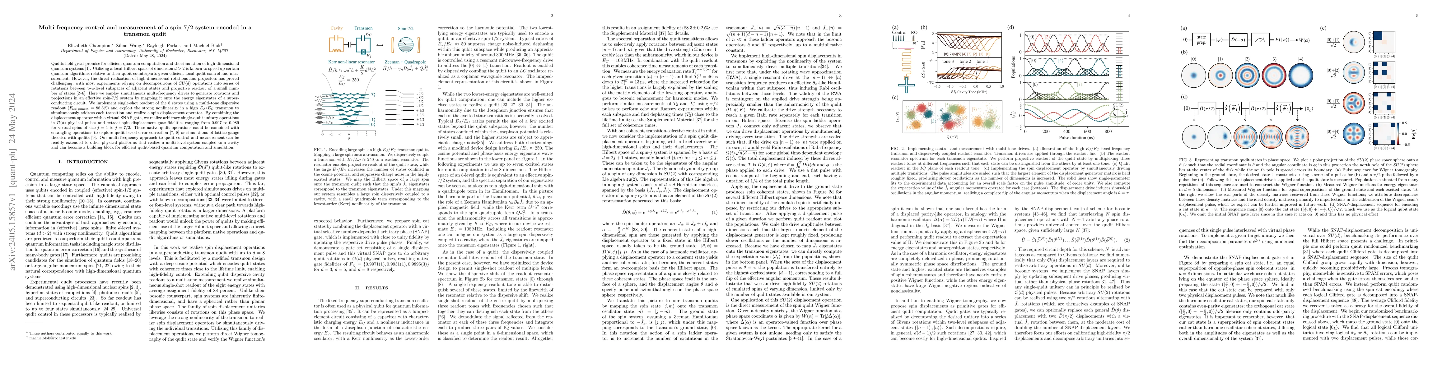 Thumbnail for Multi-frequency control and measurement of a spin-7/2 system encoded in
  a transmon qudit