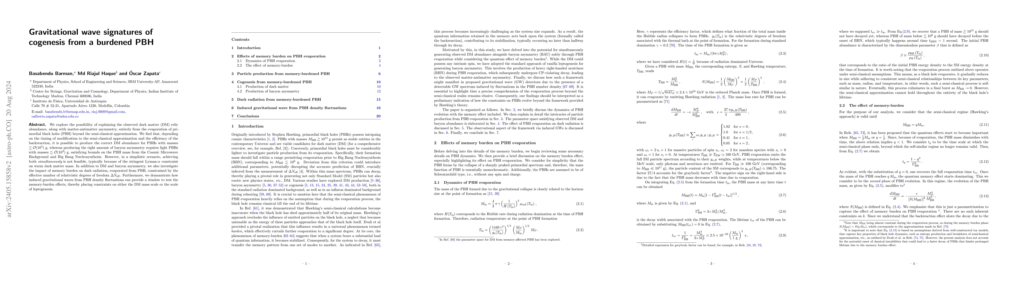 Thumbnail for Gravitational wave signatures of cogenesis from a burdened PBH