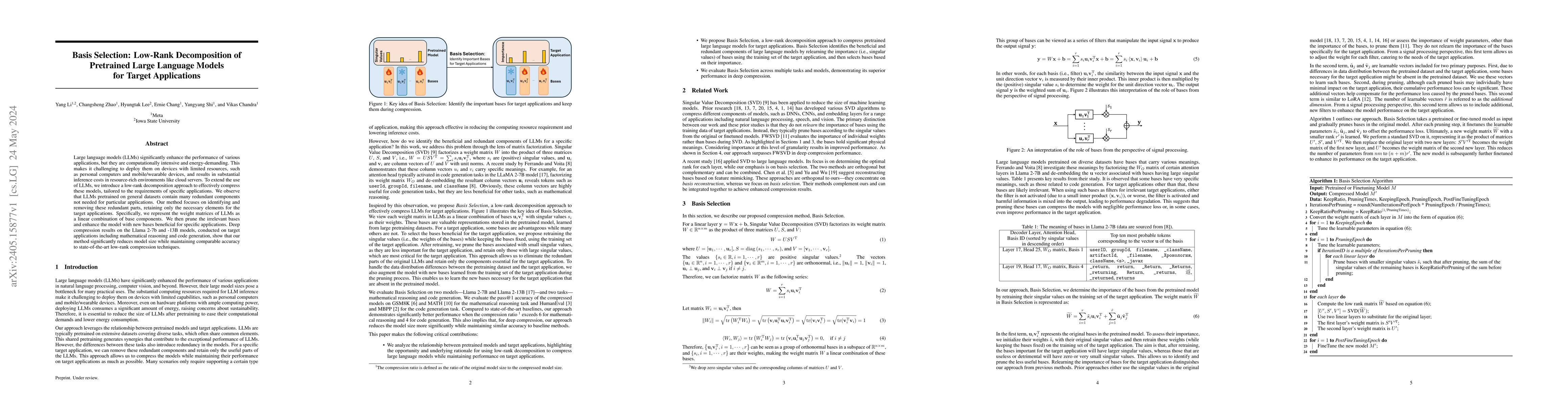 Thumbnail for Basis Selection: Low-Rank Decomposition of Pretrained Large Language
  Models for Target Applications