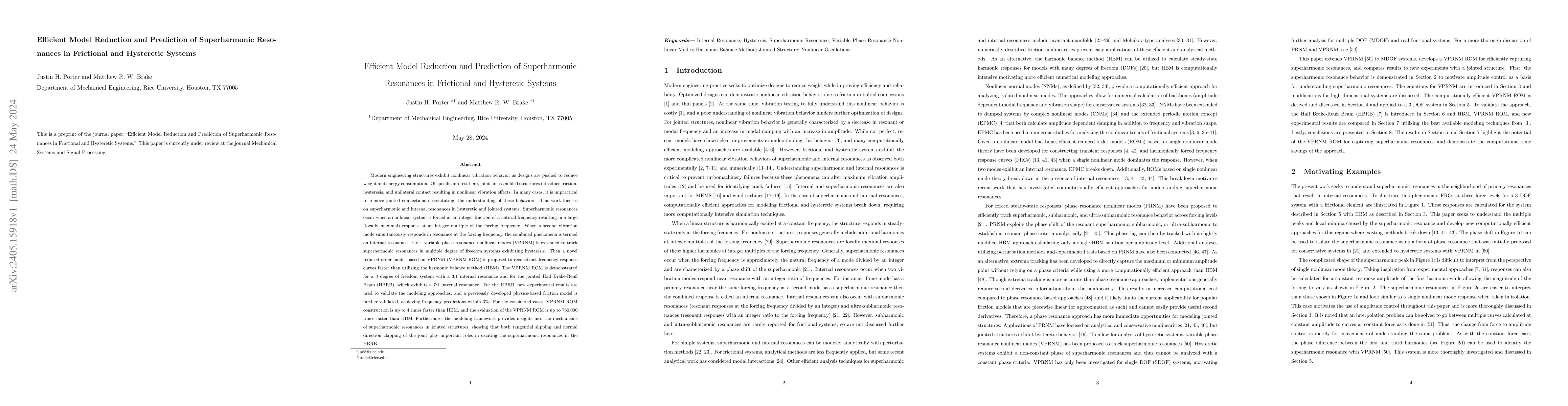 Thumbnail for Efficient Model Reduction and Prediction of Superharmonic Resonances in
  Frictional and Hysteretic Systems
