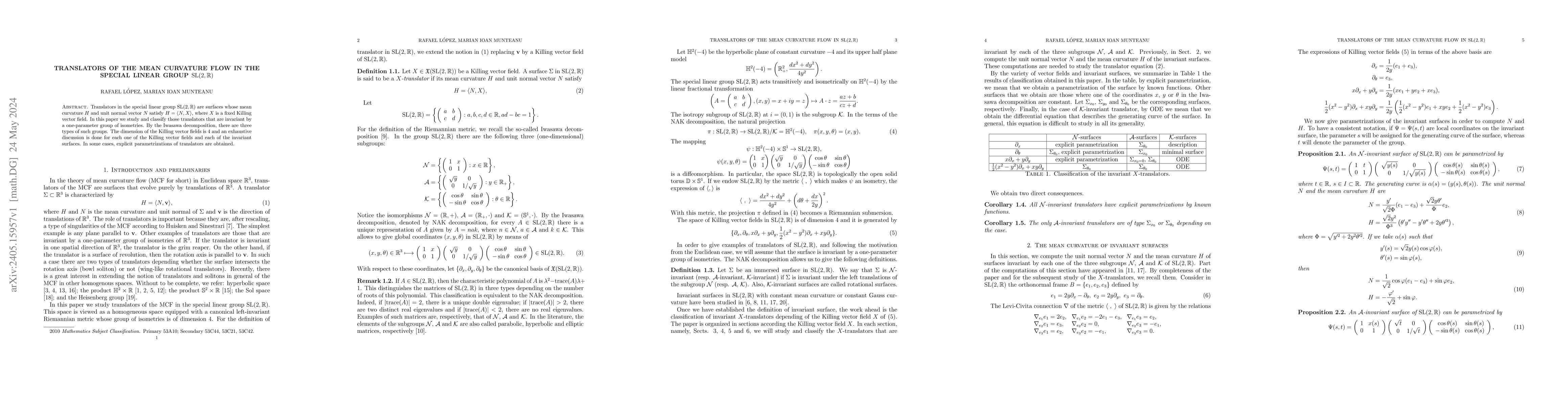 Thumbnail for Translators of the mean curvature flow in the special linear group
  $SL(2,\mathbb{R})$